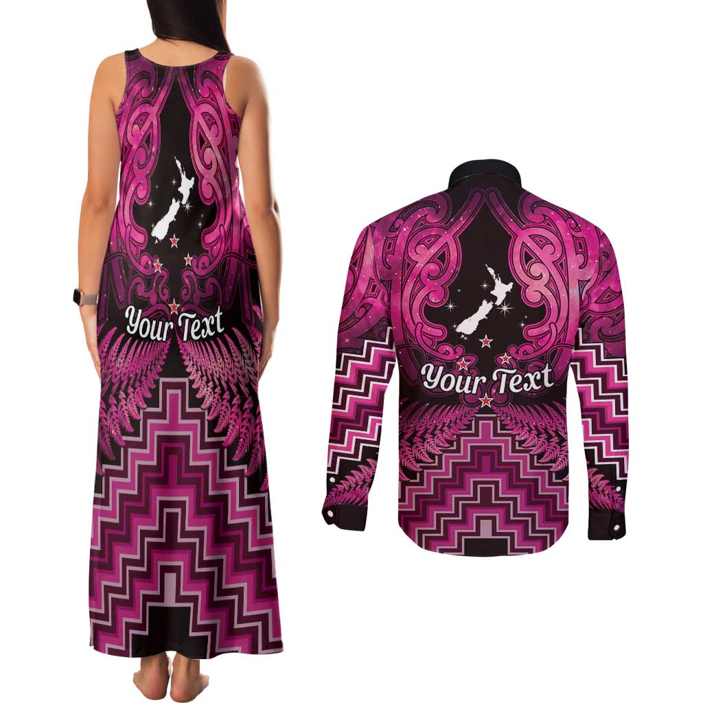 Personalised Aotearoa Matariki Couples Matching Tank Maxi Dress and Long Sleeve Button Shirt Pink Fern Maori Poutama LT01 - Polynesian Pride
