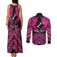 Personalised Aotearoa Matariki Couples Matching Tank Maxi Dress and Long Sleeve Button Shirt Pink Fern Maori Poutama LT01 - Polynesian Pride