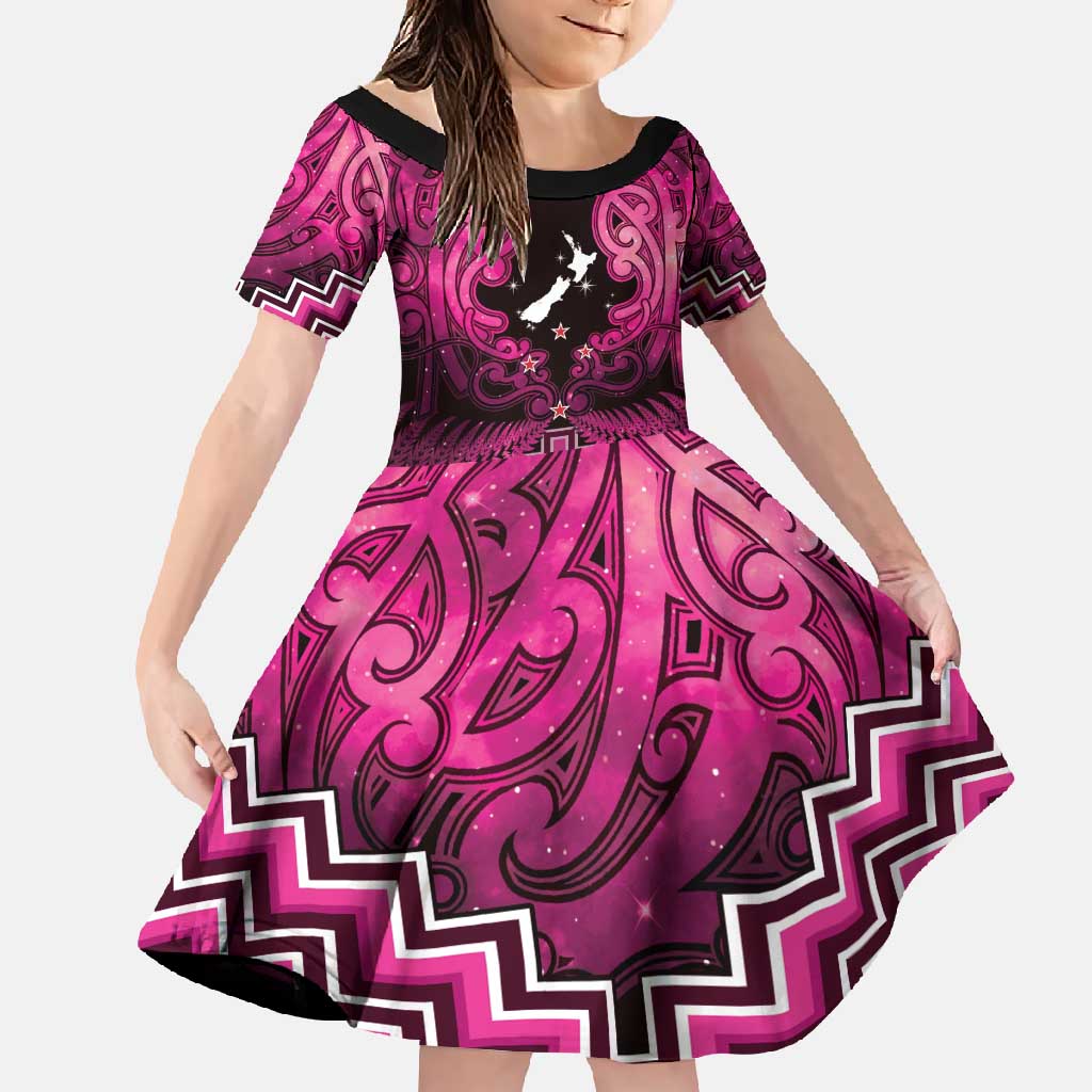 Personalised Aotearoa Matariki Family Matching Long Sleeve Bodycon Dress and Hawaiian Shirt Pink Fern Maori Poutama LT01 Daughter's Dress Pink - Polynesian Pride