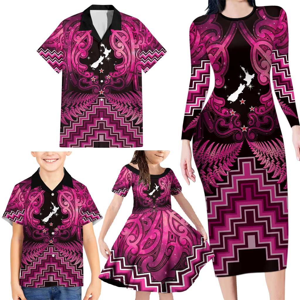 Personalised Aotearoa Matariki Family Matching Long Sleeve Bodycon Dress and Hawaiian Shirt Pink Fern Maori Poutama LT01 - Polynesian Pride