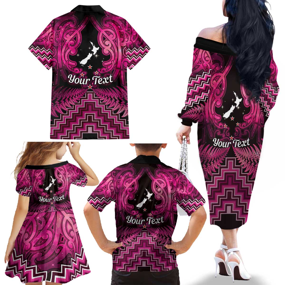 Personalised Aotearoa Matariki Family Matching Off The Shoulder Long Sleeve Dress and Hawaiian Shirt Pink Fern Maori Poutama LT01 - Polynesian Pride