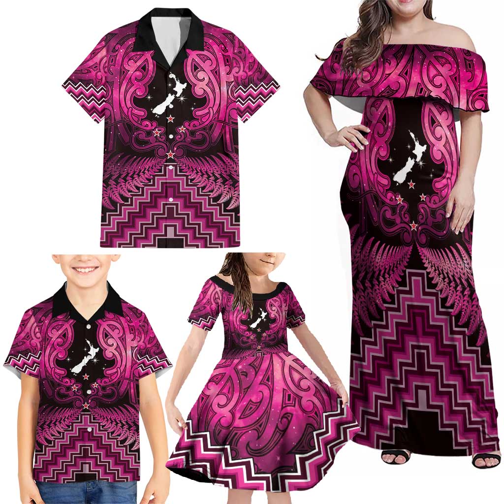 Personalised Aotearoa Matariki Family Matching Off Shoulder Maxi Dress and Hawaiian Shirt Pink Fern Maori Poutama LT01 - Polynesian Pride