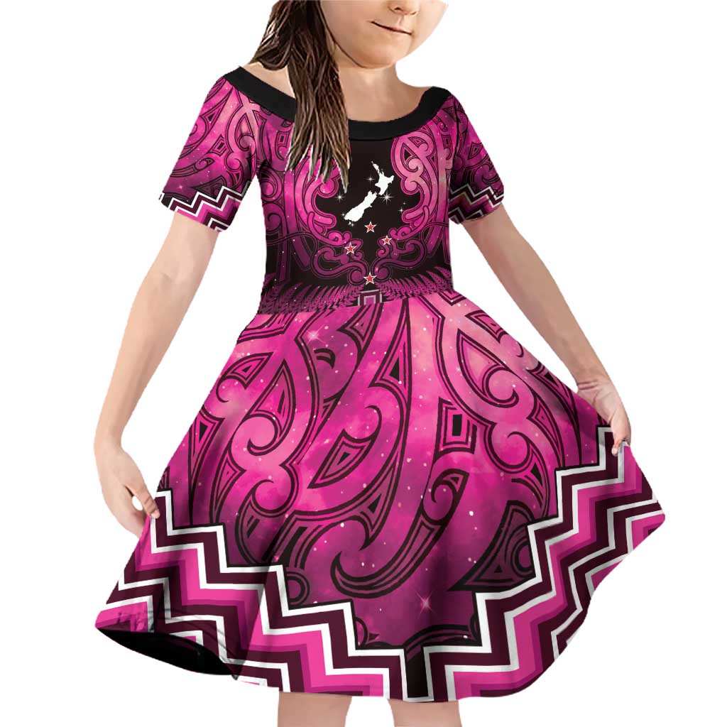 Personalised Aotearoa Matariki Family Matching Off Shoulder Short Dress and Hawaiian Shirt Pink Fern Maori Poutama LT01 Daughter's Dress Pink - Polynesian Pride