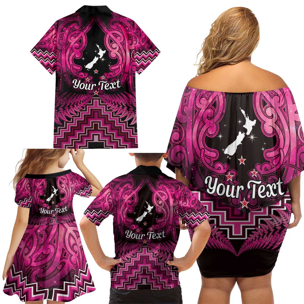 Personalised Aotearoa Matariki Family Matching Off Shoulder Short Dress and Hawaiian Shirt Pink Fern Maori Poutama LT01 - Polynesian Pride