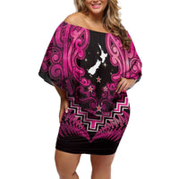 Personalised Aotearoa Matariki Family Matching Off Shoulder Short Dress and Hawaiian Shirt Pink Fern Maori Poutama LT01 Mom's Dress Pink - Polynesian Pride