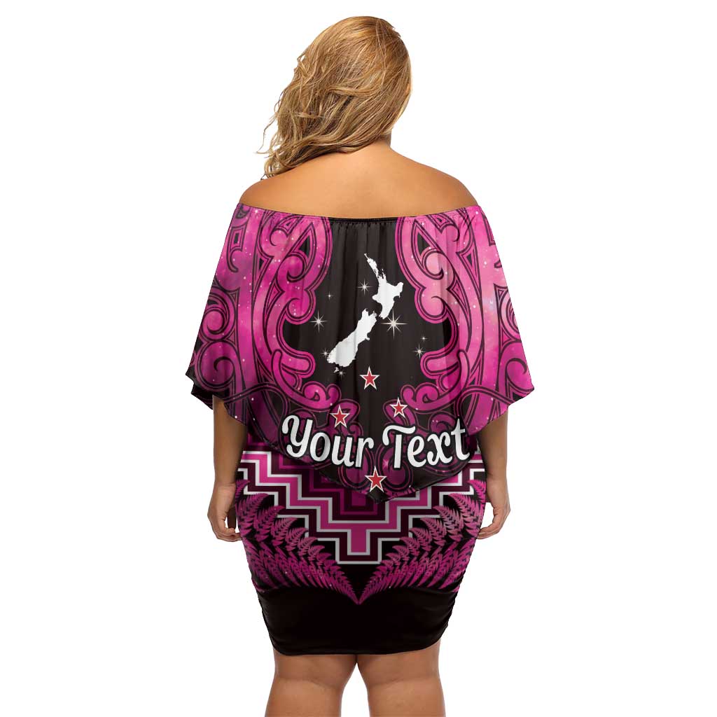 Personalised Aotearoa Matariki Family Matching Off Shoulder Short Dress and Hawaiian Shirt Pink Fern Maori Poutama LT01 - Polynesian Pride