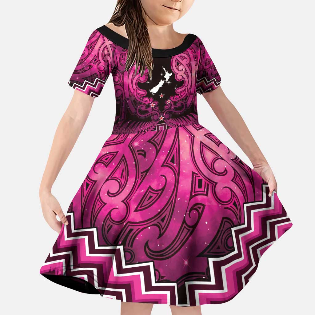 Personalised Aotearoa Matariki Family Matching Puletasi and Hawaiian Shirt Pink Fern Maori Poutama LT01 Daughter's Dress Pink - Polynesian Pride