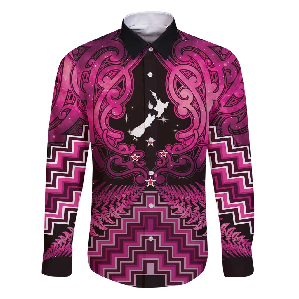 Personalised Aotearoa Matariki Family Matching Short Sleeve Bodycon Dress and Hawaiian Shirt Pink Fern Maori Poutama LT01 Dad's Shirt - Long Sleeve Pink - Polynesian Pride