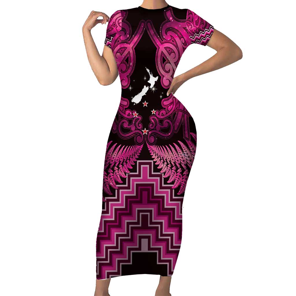 Personalised Aotearoa Matariki Family Matching Short Sleeve Bodycon Dress and Hawaiian Shirt Pink Fern Maori Poutama LT01 Mom's Dress Pink - Polynesian Pride