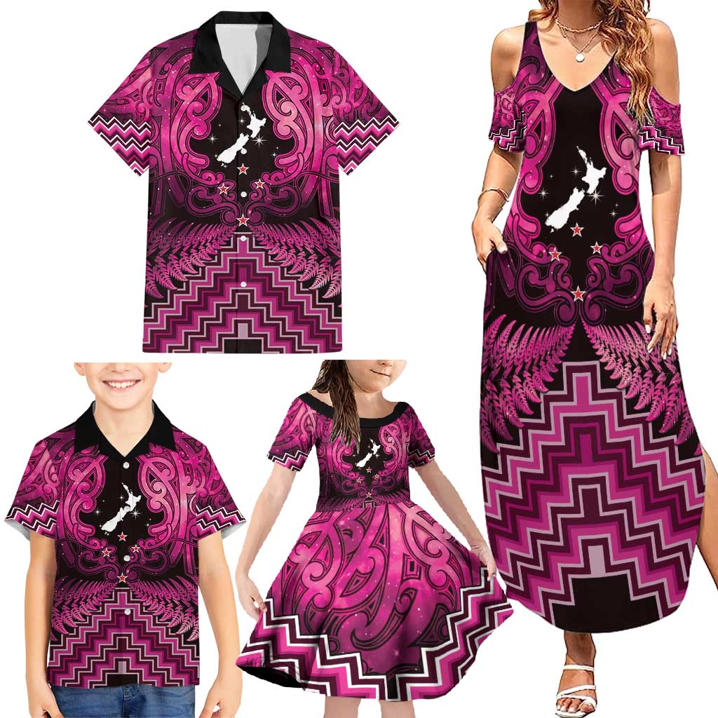 Personalised Aotearoa Matariki Family Matching Summer Maxi Dress and Hawaiian Shirt Pink Fern Maori Poutama LT01 - Polynesian Pride