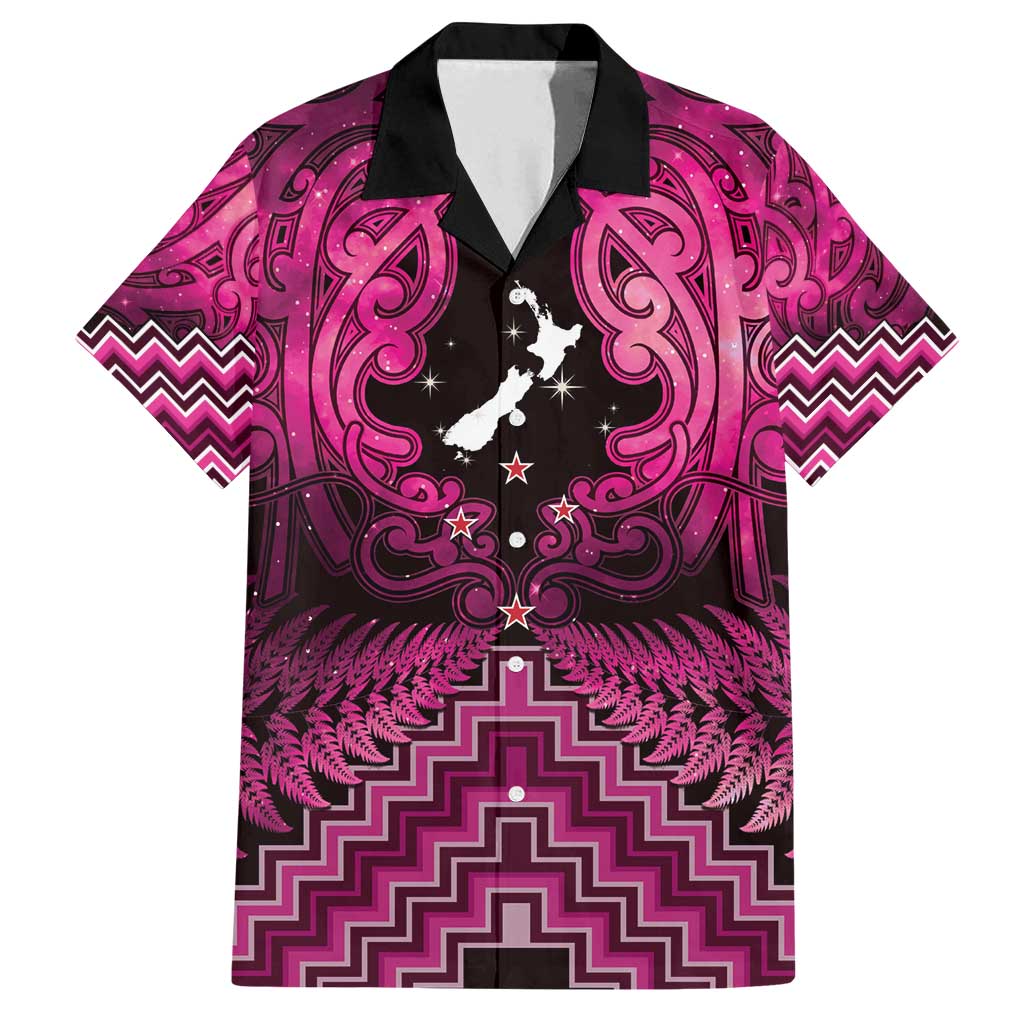 Personalised Aotearoa Matariki Family Matching Summer Maxi Dress and Hawaiian Shirt Pink Fern Maori Poutama LT01 Dad's Shirt - Short Sleeve Pink - Polynesian Pride