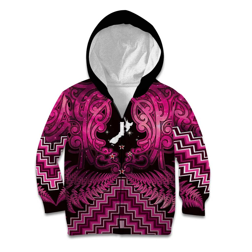 Personalised Aotearoa Matariki Kid Hoodie Pink Fern Maori Poutama LT01 Zip Hoodie Pink - Polynesian Pride