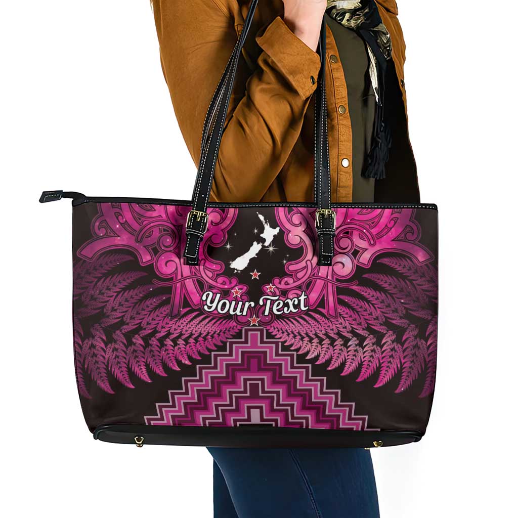 Personalised Aotearoa Matariki Leather Tote Bag Pink Fern Maori Poutama LT01 - Polynesian Pride