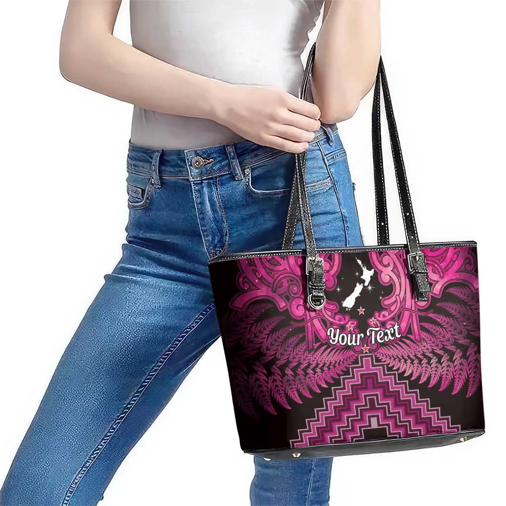 Personalised Aotearoa Matariki Leather Tote Bag Pink Fern Maori Poutama LT01 - Polynesian Pride