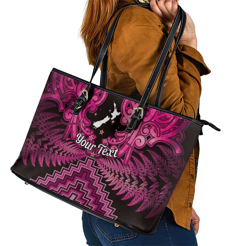 Personalised Aotearoa Matariki Leather Tote Bag Pink Fern Maori Poutama LT01 - Polynesian Pride