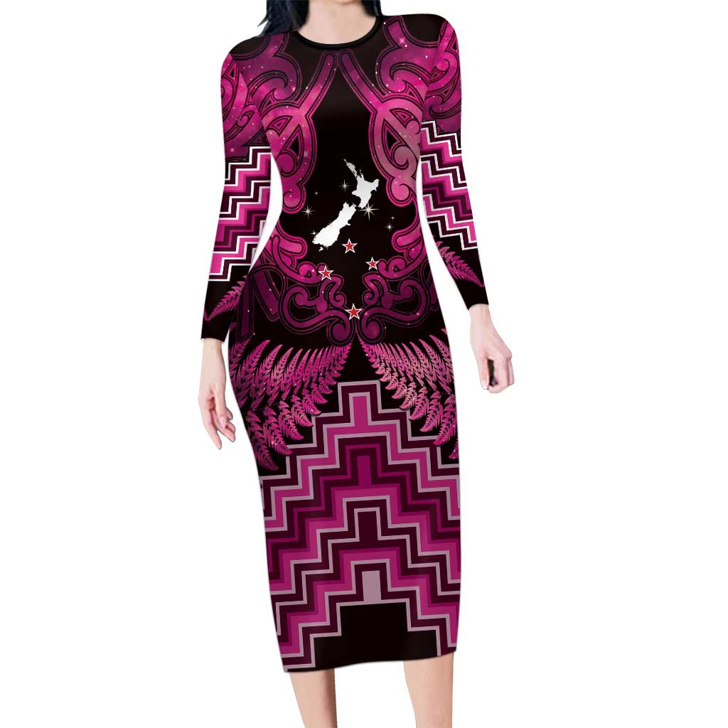 Personalised Aotearoa Matariki Long Sleeve Bodycon Dress Pink Fern Maori Poutama LT01 Long Dress Pink - Polynesian Pride