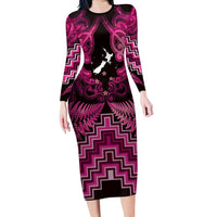 Personalised Aotearoa Matariki Long Sleeve Bodycon Dress Pink Fern Maori Poutama LT01 Long Dress Pink - Polynesian Pride