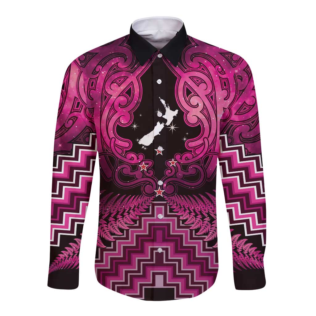 Personalised Aotearoa Matariki Long Sleeve Button Shirt Pink Fern Maori Poutama LT01 Unisex Pink - Polynesian Pride
