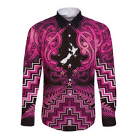 Personalised Aotearoa Matariki Long Sleeve Button Shirt Pink Fern Maori Poutama LT01 Unisex Pink - Polynesian Pride
