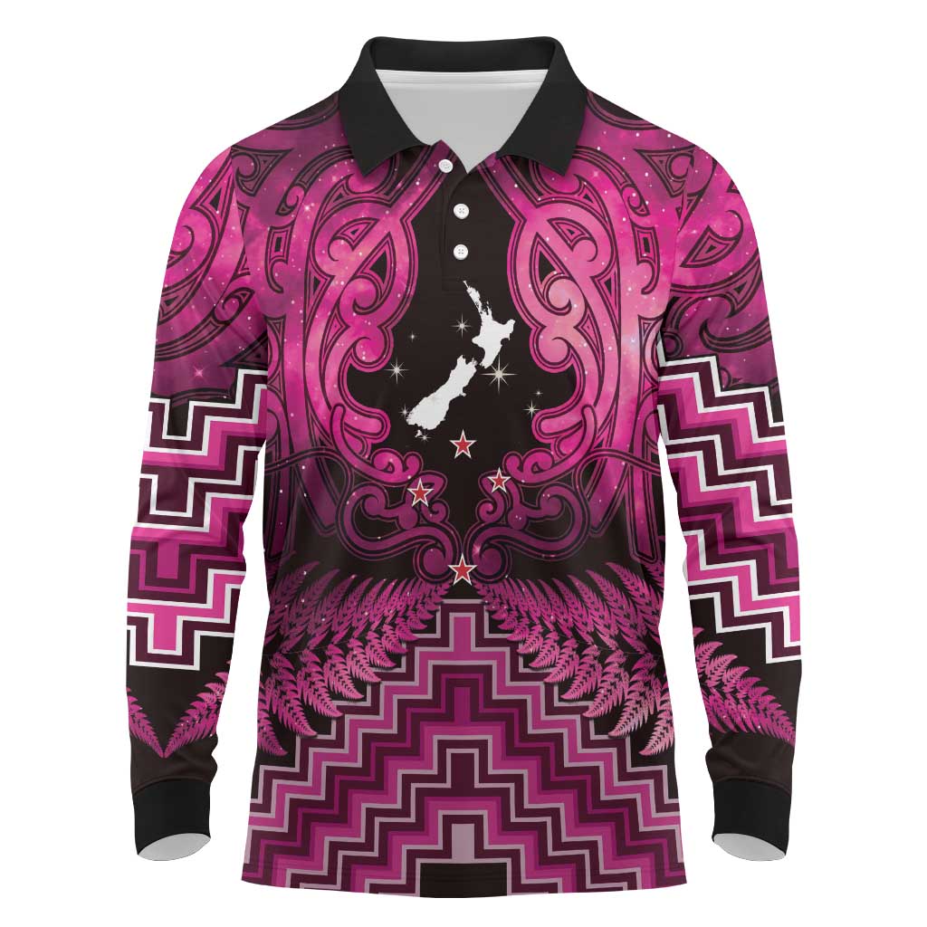 Personalised Aotearoa Matariki Long Sleeve Polo Shirt Pink Fern Maori Poutama LT01 Pink - Polynesian Pride