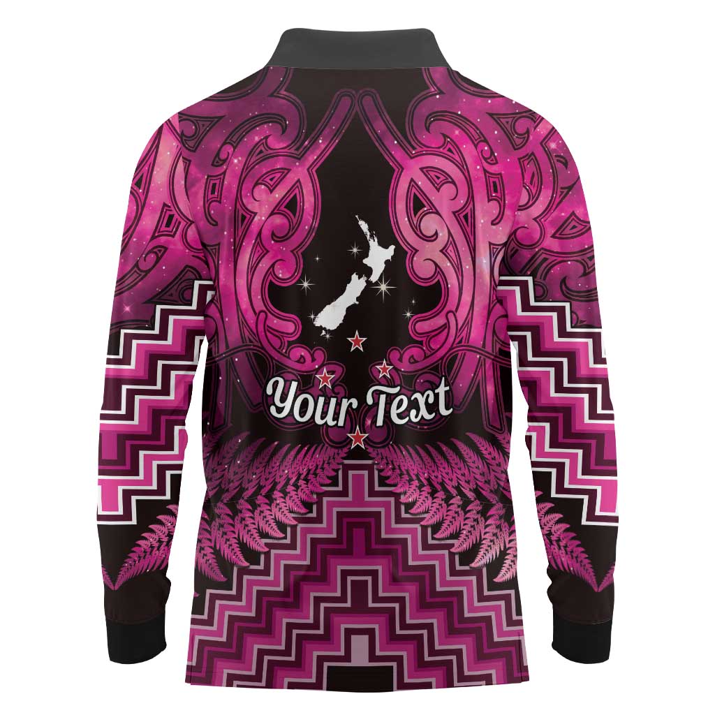 Personalised Aotearoa Matariki Long Sleeve Polo Shirt Pink Fern Maori Poutama LT01 - Polynesian Pride