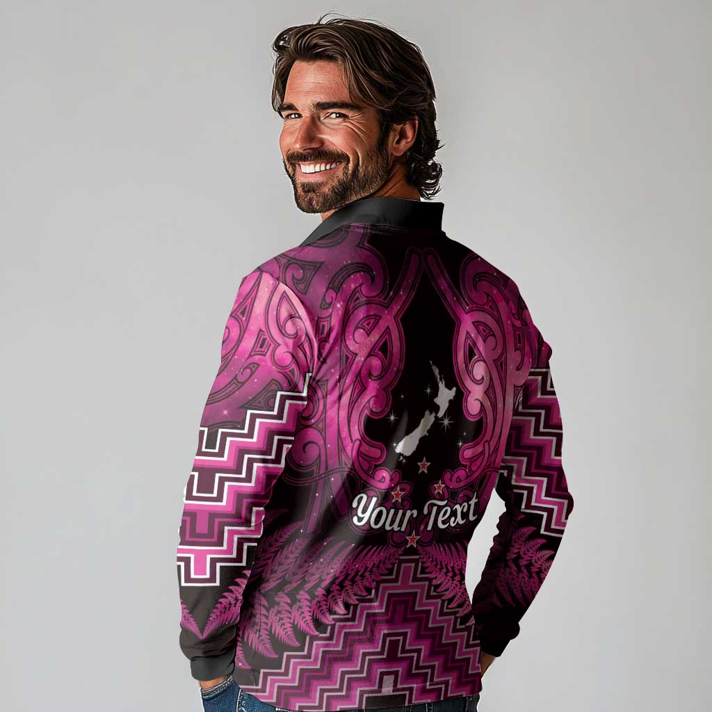 Personalised Aotearoa Matariki Long Sleeve Polo Shirt Pink Fern Maori Poutama LT01 - Polynesian Pride
