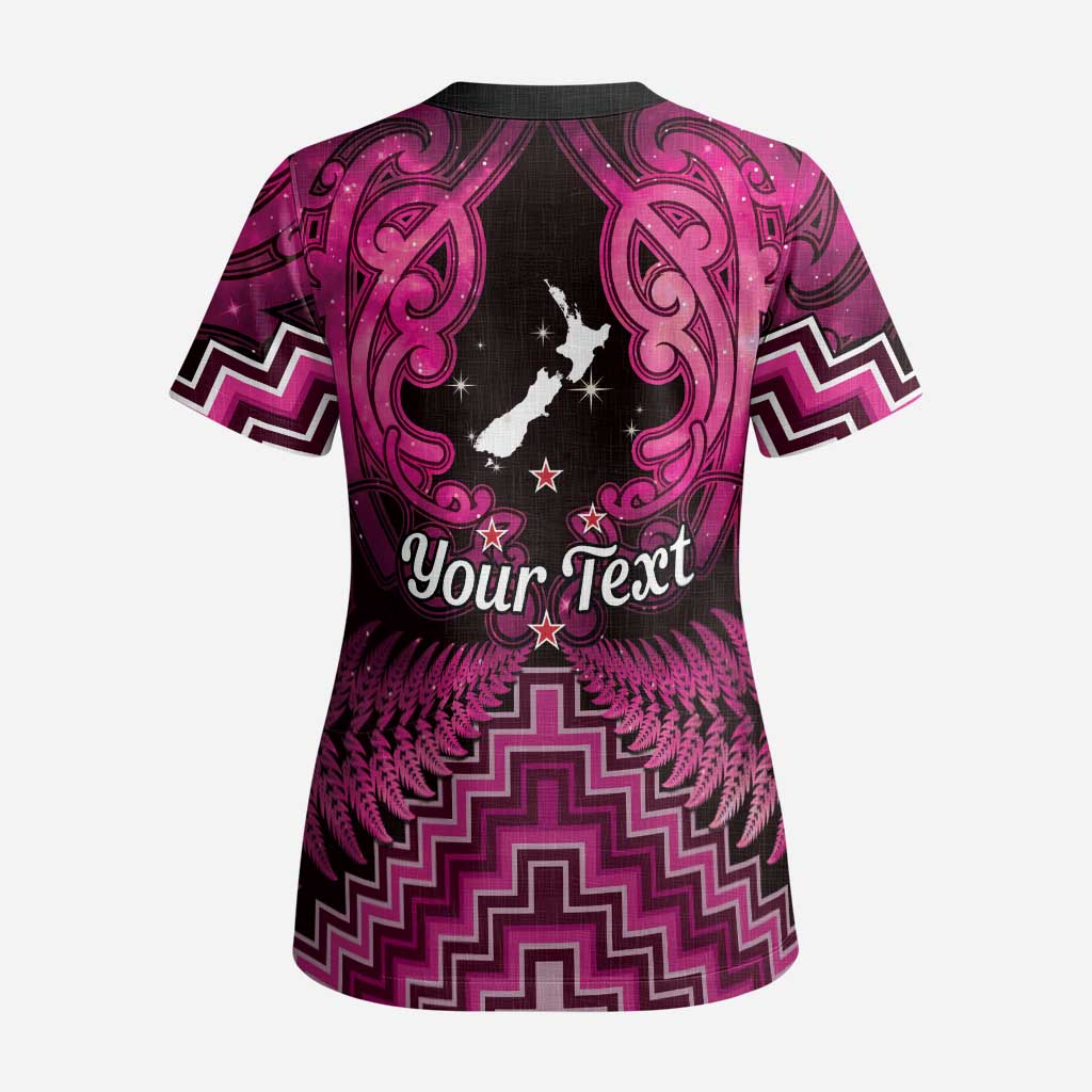 Personalised Aotearoa Matariki Scrub Top Pink Fern Maori Poutama - Polynesian Pride