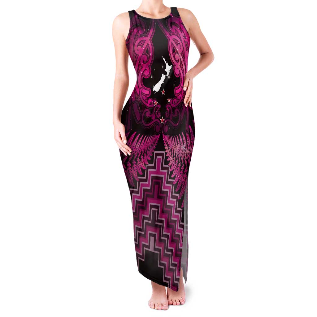 Personalised Aotearoa Matariki Tank Maxi Dress Pink Fern Maori Poutama