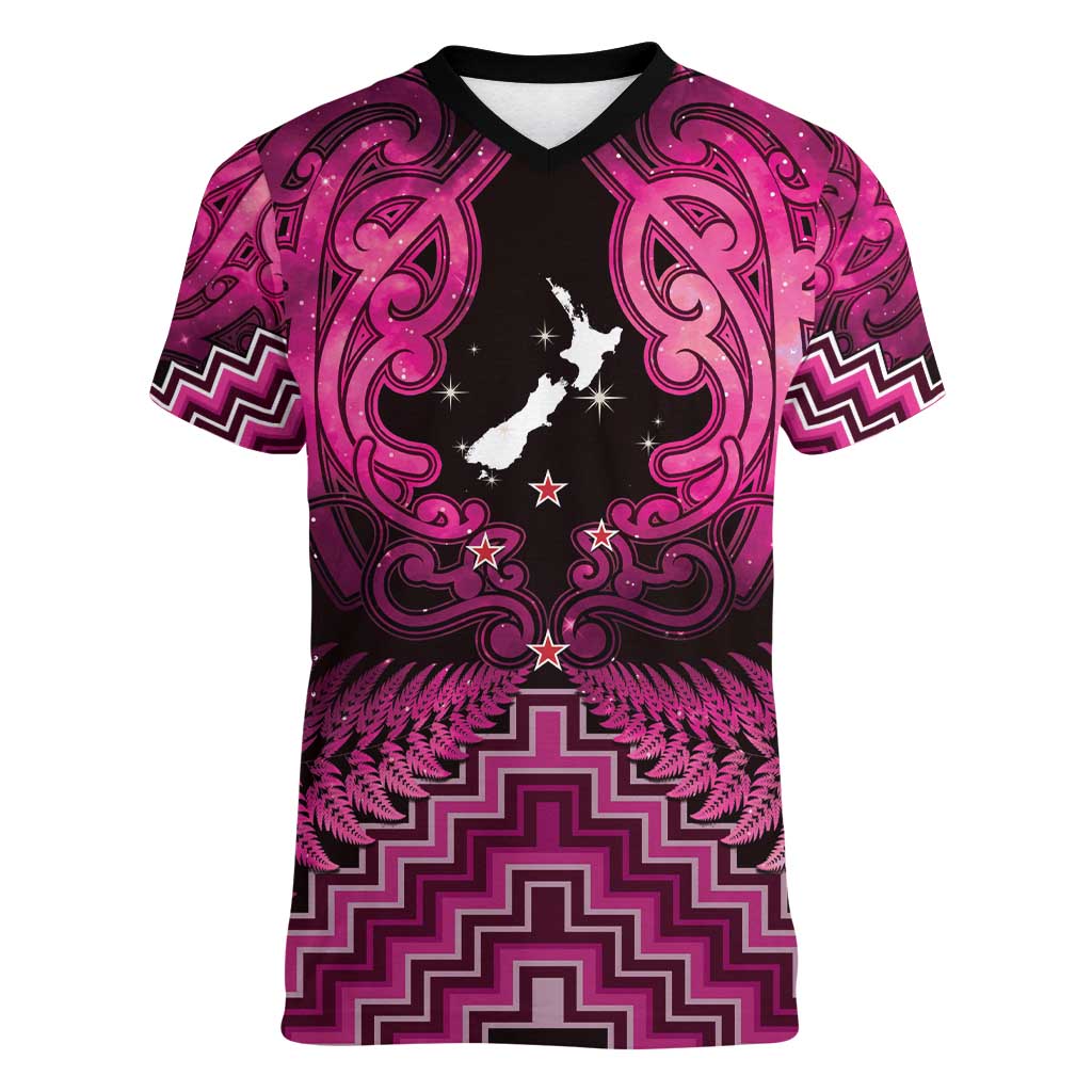 Personalised Aotearoa Matariki Women V-Neck T-Shirt Pink Fern Maori Poutama LT01 Female Pink - Polynesian Pride