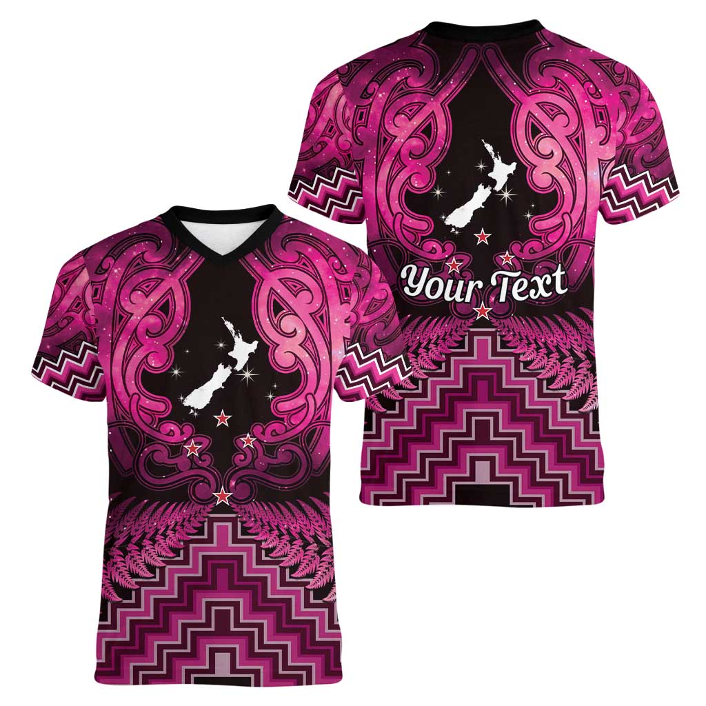 Personalised Aotearoa Matariki Women V-Neck T-Shirt Pink Fern Maori Poutama LT01 - Polynesian Pride