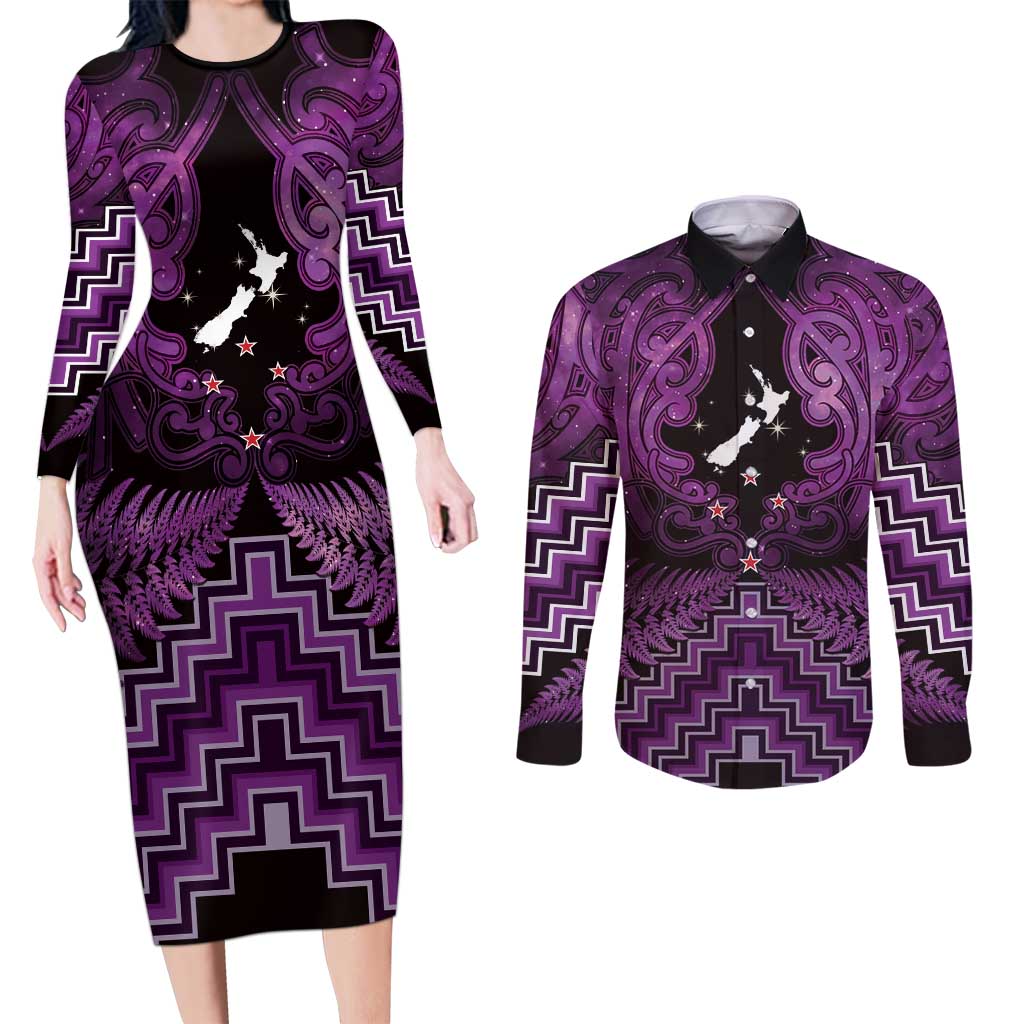 Personalised Aotearoa Matariki Couples Matching Long Sleeve Bodycon Dress and Long Sleeve Button Shirt Purple Fern Maori Poutama LT01 Purple - Polynesian Pride