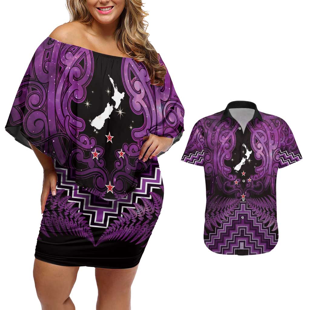 Personalised Aotearoa Matariki Couples Matching Off Shoulder Short Dress and Hawaiian Shirt Purple Fern Maori Poutama LT01 Purple - Polynesian Pride