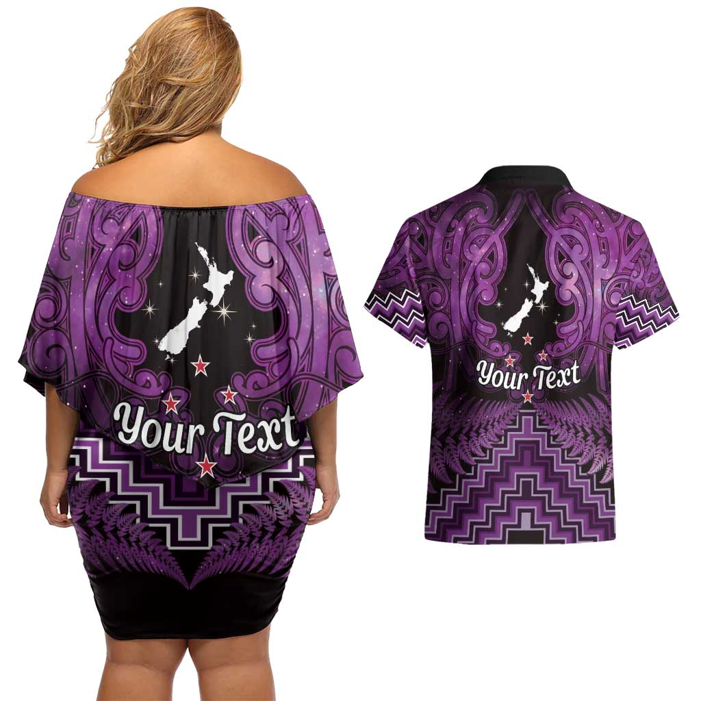 Personalised Aotearoa Matariki Couples Matching Off Shoulder Short Dress and Hawaiian Shirt Purple Fern Maori Poutama LT01 - Polynesian Pride