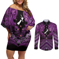 Personalised Aotearoa Matariki Couples Matching Off Shoulder Short Dress and Long Sleeve Button Shirt Purple Fern Maori Poutama LT01 Purple - Polynesian Pride
