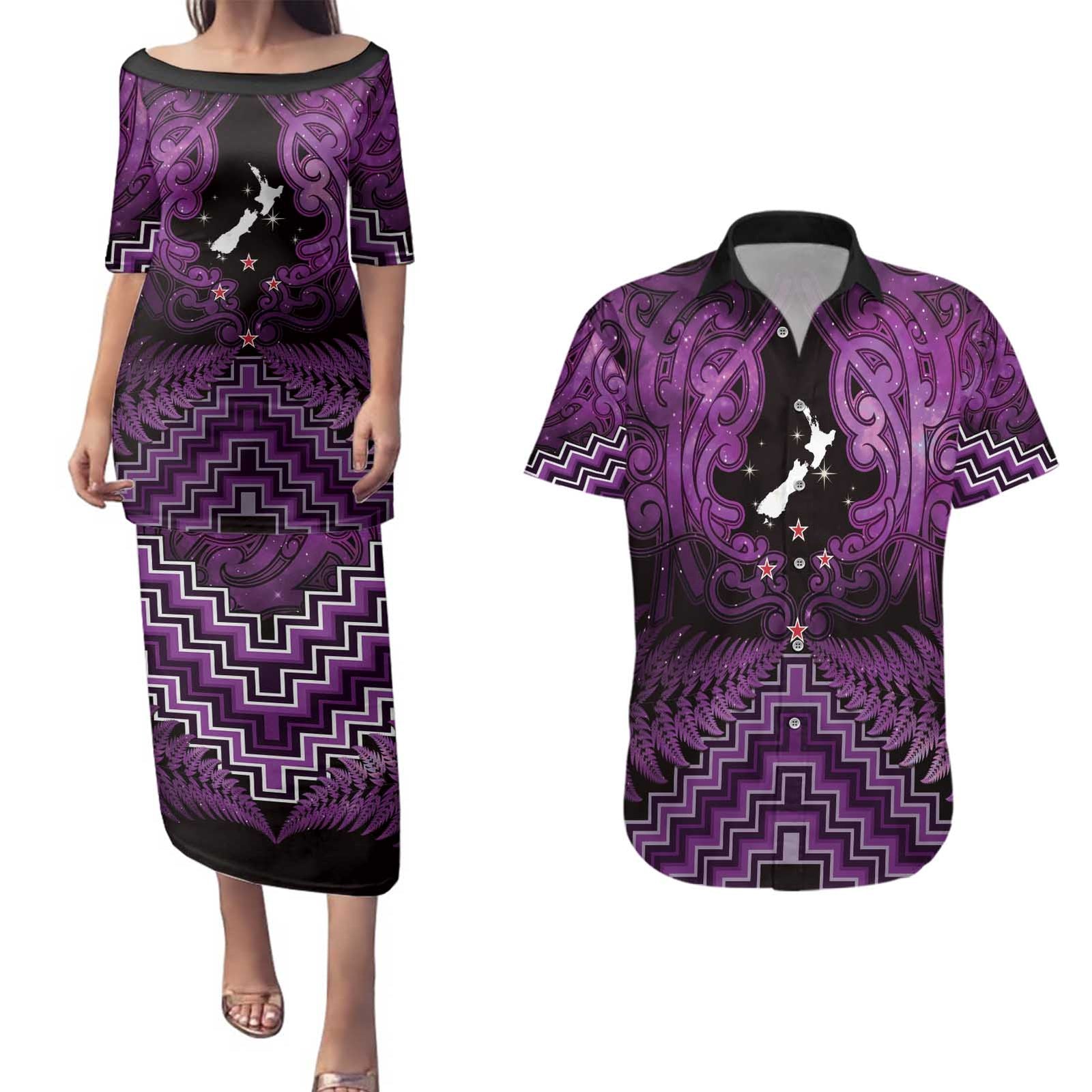 Personalised Aotearoa Matariki Couples Matching Puletasi and Hawaiian Shirt Purple Fern Maori Poutama