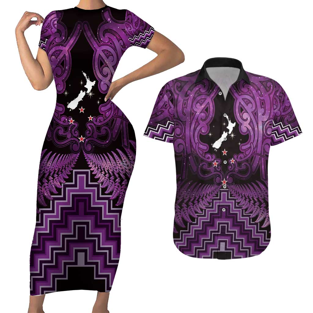 Personalised Aotearoa Matariki Couples Matching Short Sleeve Bodycon Dress and Hawaiian Shirt Purple Fern Maori Poutama LT01 Purple - Polynesian Pride