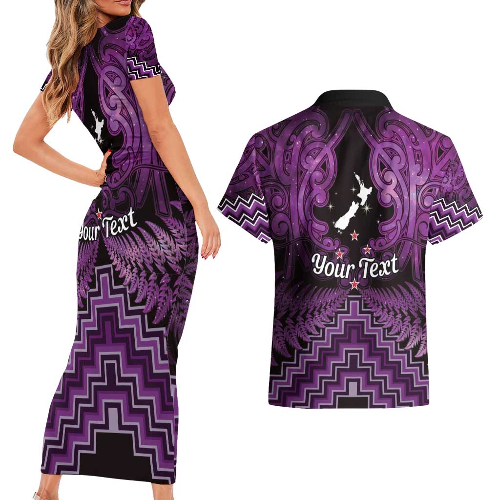 Personalised Aotearoa Matariki Couples Matching Short Sleeve Bodycon Dress and Hawaiian Shirt Purple Fern Maori Poutama LT01 - Polynesian Pride