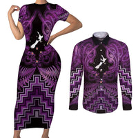 Personalised Aotearoa Matariki Couples Matching Short Sleeve Bodycon Dress and Long Sleeve Button Shirt Purple Fern Maori Poutama LT01 Purple - Polynesian Pride
