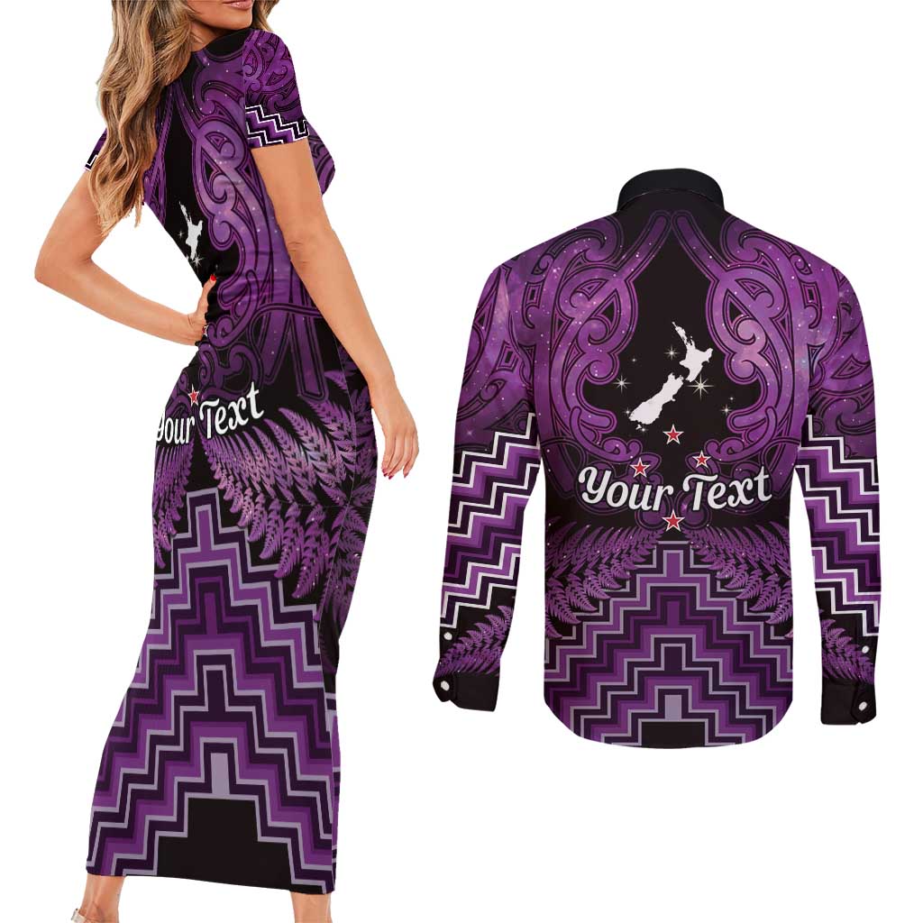 Personalised Aotearoa Matariki Couples Matching Short Sleeve Bodycon Dress and Long Sleeve Button Shirt Purple Fern Maori Poutama LT01 - Polynesian Pride