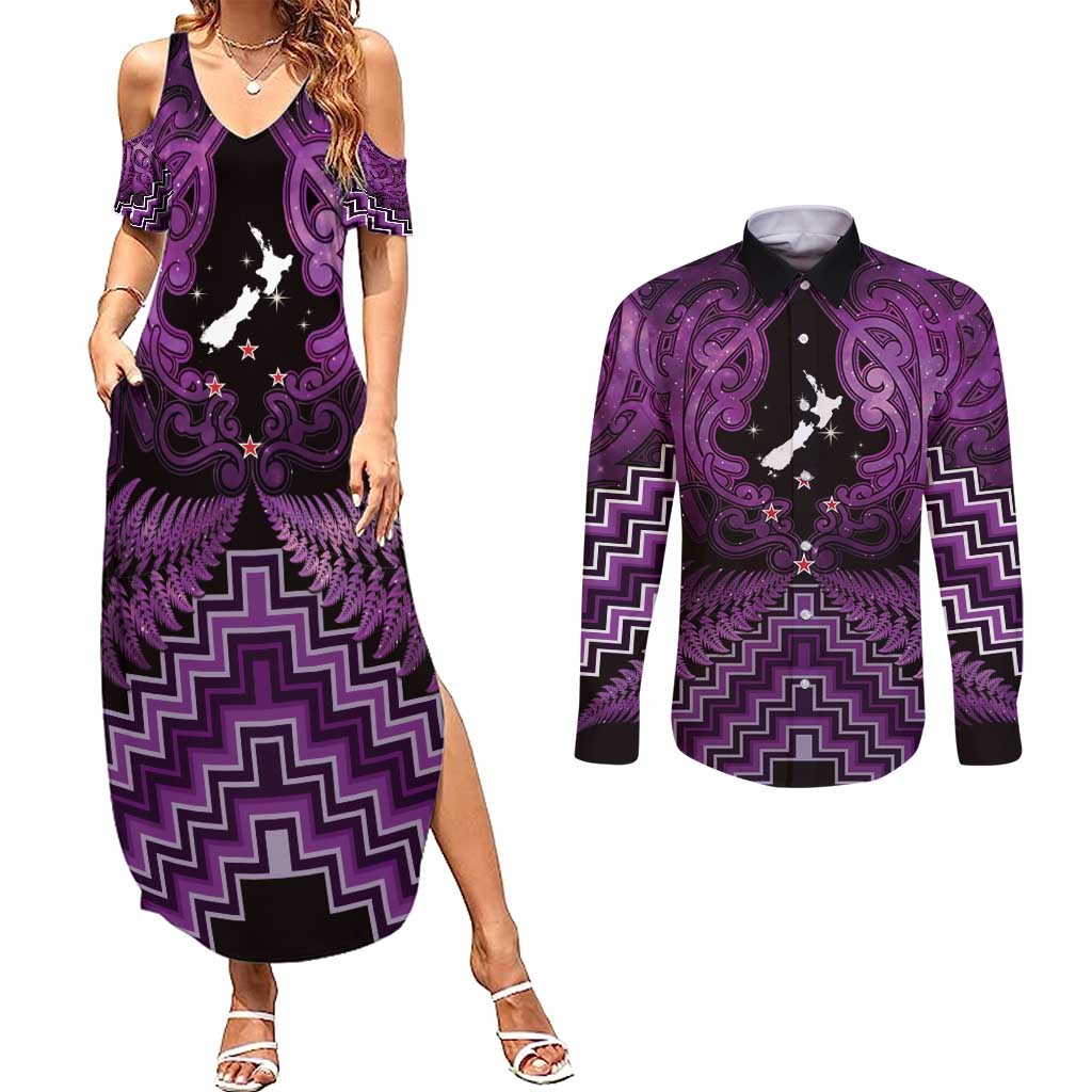 Personalised Aotearoa Matariki Couples Matching Summer Maxi Dress and Long Sleeve Button Shirt Purple Fern Maori Poutama LT01 Purple - Polynesian Pride