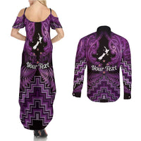 Personalised Aotearoa Matariki Couples Matching Summer Maxi Dress and Long Sleeve Button Shirt Purple Fern Maori Poutama LT01 - Polynesian Pride