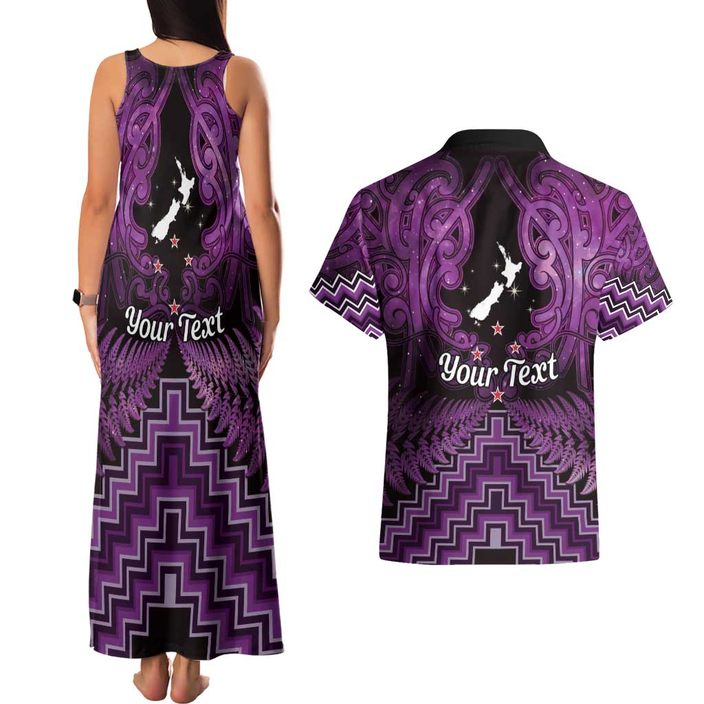 Personalised Aotearoa Matariki Couples Matching Tank Maxi Dress and Hawaiian Shirt Purple Fern Maori Poutama LT01 - Polynesian Pride