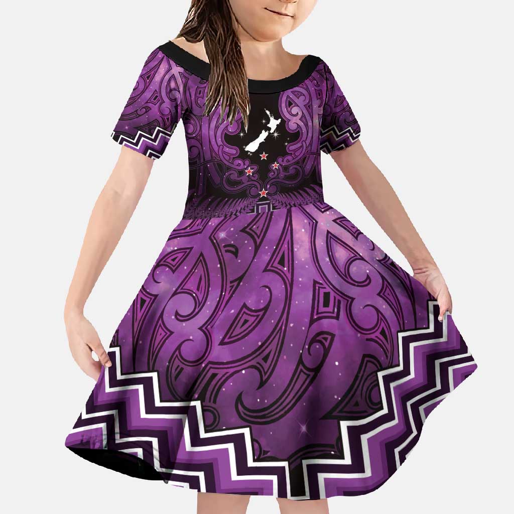 Personalised Aotearoa Matariki Family Matching Long Sleeve Bodycon Dress and Hawaiian Shirt Purple Fern Maori Poutama LT01 Daughter's Dress Purple - Polynesian Pride