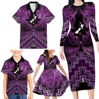 Personalised Aotearoa Matariki Family Matching Long Sleeve Bodycon Dress and Hawaiian Shirt Purple Fern Maori Poutama LT01 - Polynesian Pride