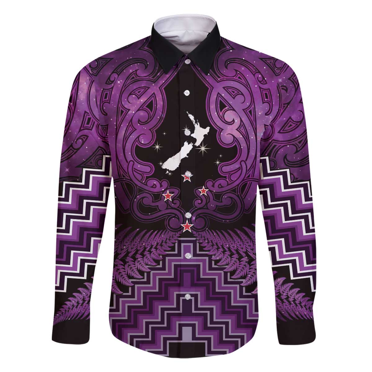 Personalised Aotearoa Matariki Family Matching Off The Shoulder Long Sleeve Dress and Hawaiian Shirt Purple Fern Maori Poutama LT01 Dad's Shirt - Long Sleeve Purple - Polynesian Pride