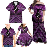 Personalised Aotearoa Matariki Family Matching Off Shoulder Maxi Dress and Hawaiian Shirt Purple Fern Maori Poutama LT01 - Polynesian Pride
