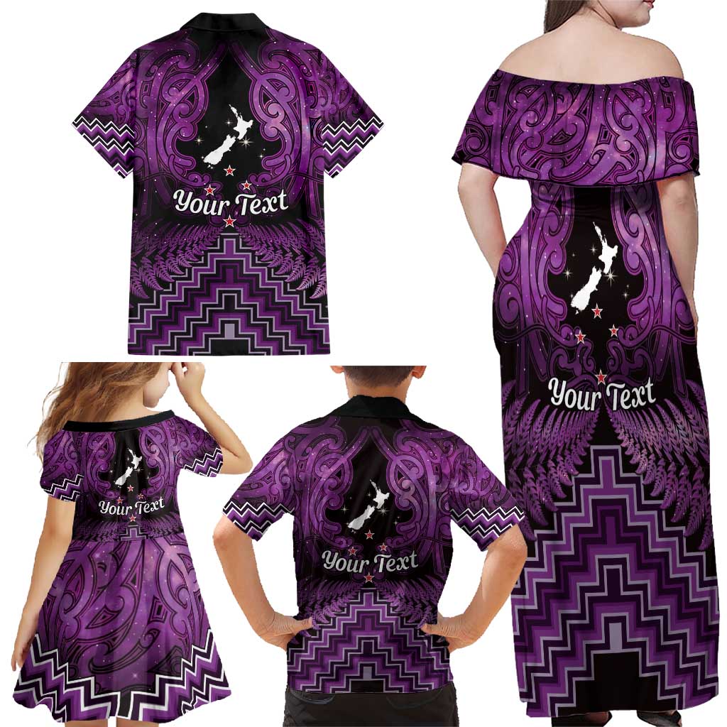 Personalised Aotearoa Matariki Family Matching Off Shoulder Maxi Dress and Hawaiian Shirt Purple Fern Maori Poutama LT01 - Polynesian Pride