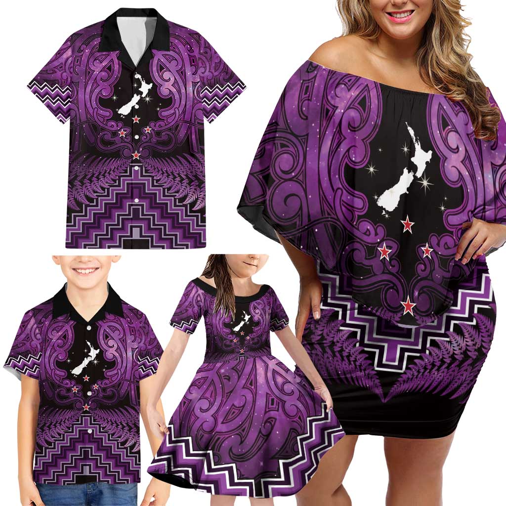 Personalised Aotearoa Matariki Family Matching Off Shoulder Short Dress and Hawaiian Shirt Purple Fern Maori Poutama LT01 - Polynesian Pride