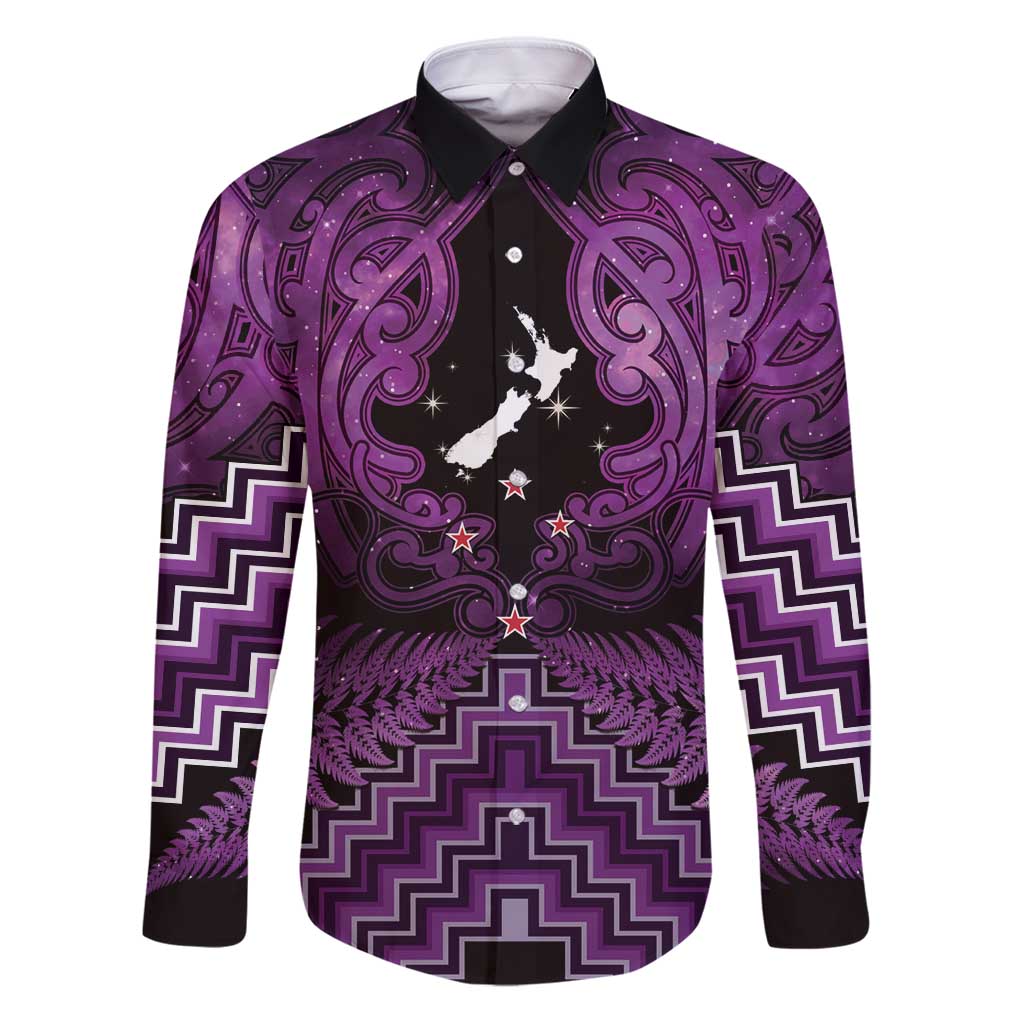 Personalised Aotearoa Matariki Family Matching Puletasi and Hawaiian Shirt Purple Fern Maori Poutama LT01 Dad's Shirt - Long Sleeve Purple - Polynesian Pride