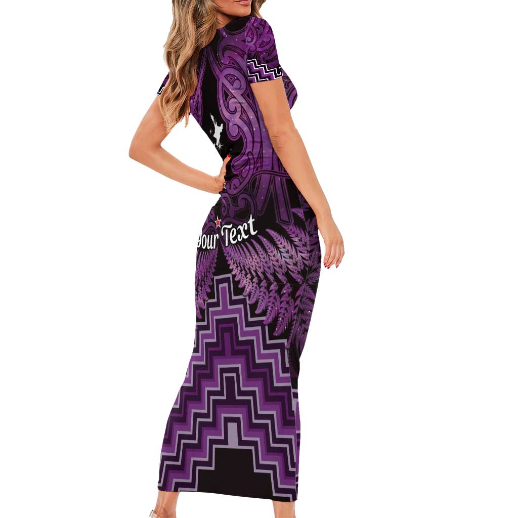 Personalised Aotearoa Matariki Family Matching Short Sleeve Bodycon Dress and Hawaiian Shirt Purple Fern Maori Poutama LT01 - Polynesian Pride